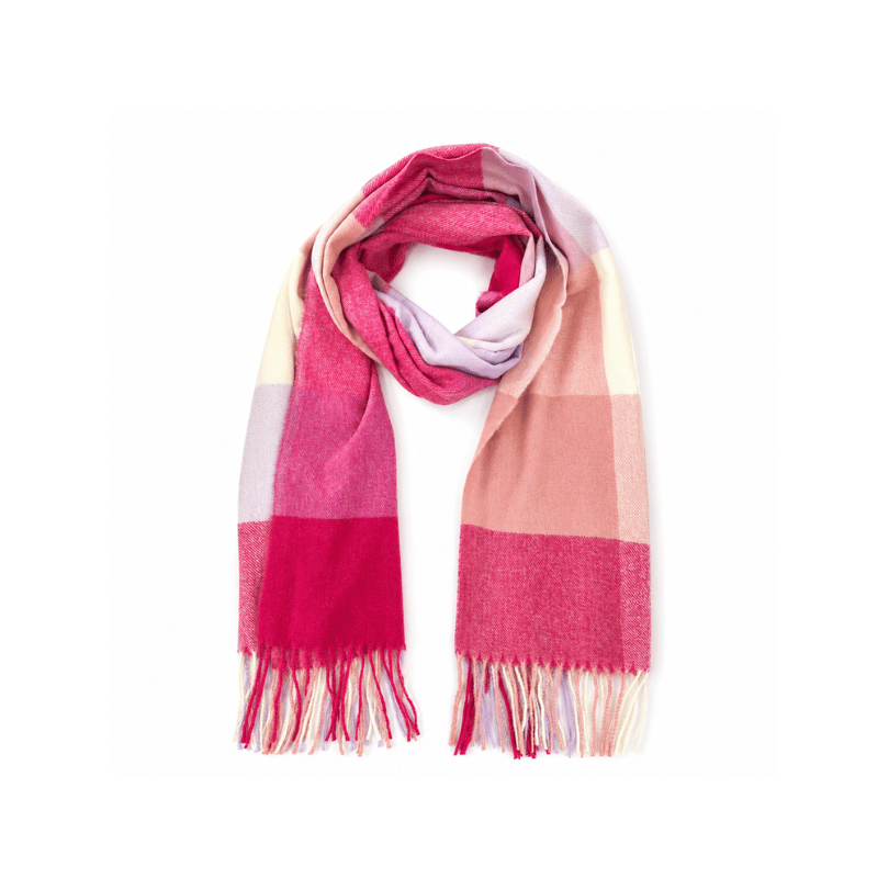 Großer karierter Damen Wollschal in Pink, Fuchsia, Rosa, Rosé, Flieder und Creme mit Fransen, ca. 180 × 70 cm, weich und flauschig.