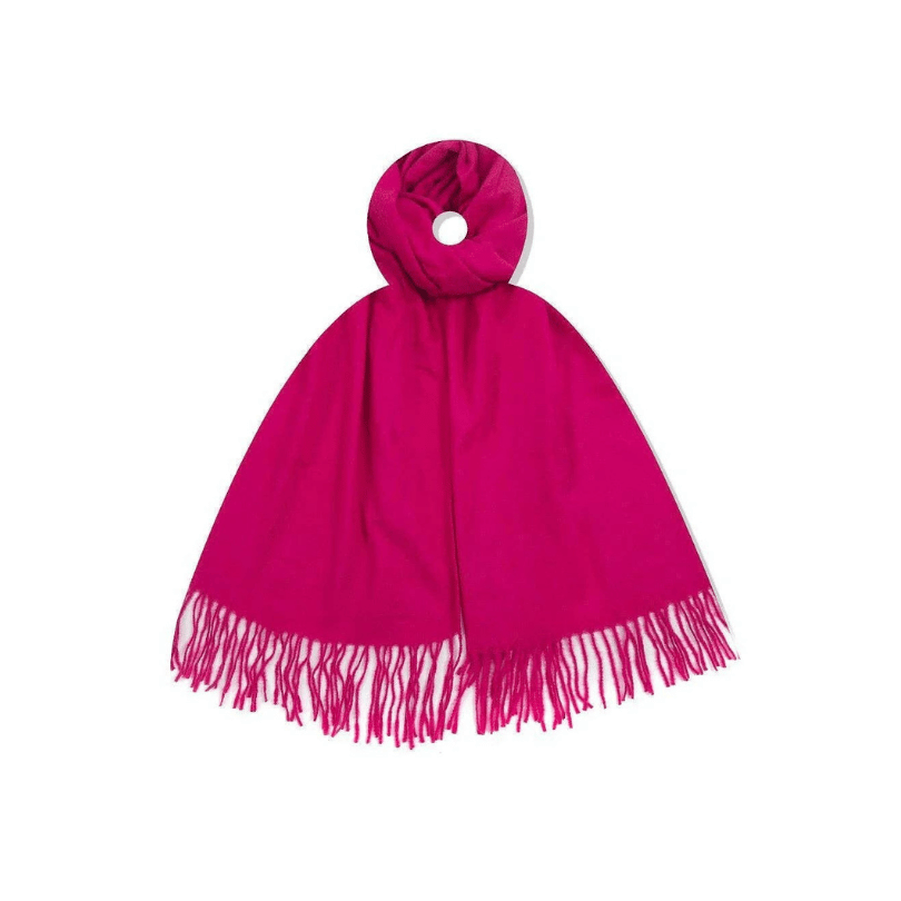Einfarbiger pinker Damen Schal aus 100 Prozent Viskose mit langen Fransen, ca. 180 × 70 cm, auch als Stola tragbar.