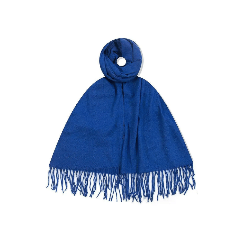 Damen Schal in leuchtendem Blau aus 100 % Viskose mit langen Fransen, weich fallend und als Schal oder Stola tragbar.