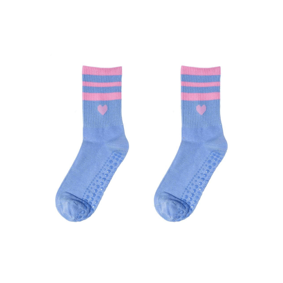 Blaue Damen Yoga-Socken mit rosa Streifen, rosa Herz und Anti-Rutsch-Noppen auf der Sohle, Größe 36–41.