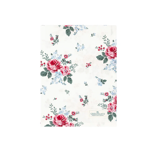 GreenGate Geschirrtuch Erica White aus Baumwolle mit floralem Muster aus roten und rosafarbenen Blüten, hellblauen Blumen und grünen Blättern.
