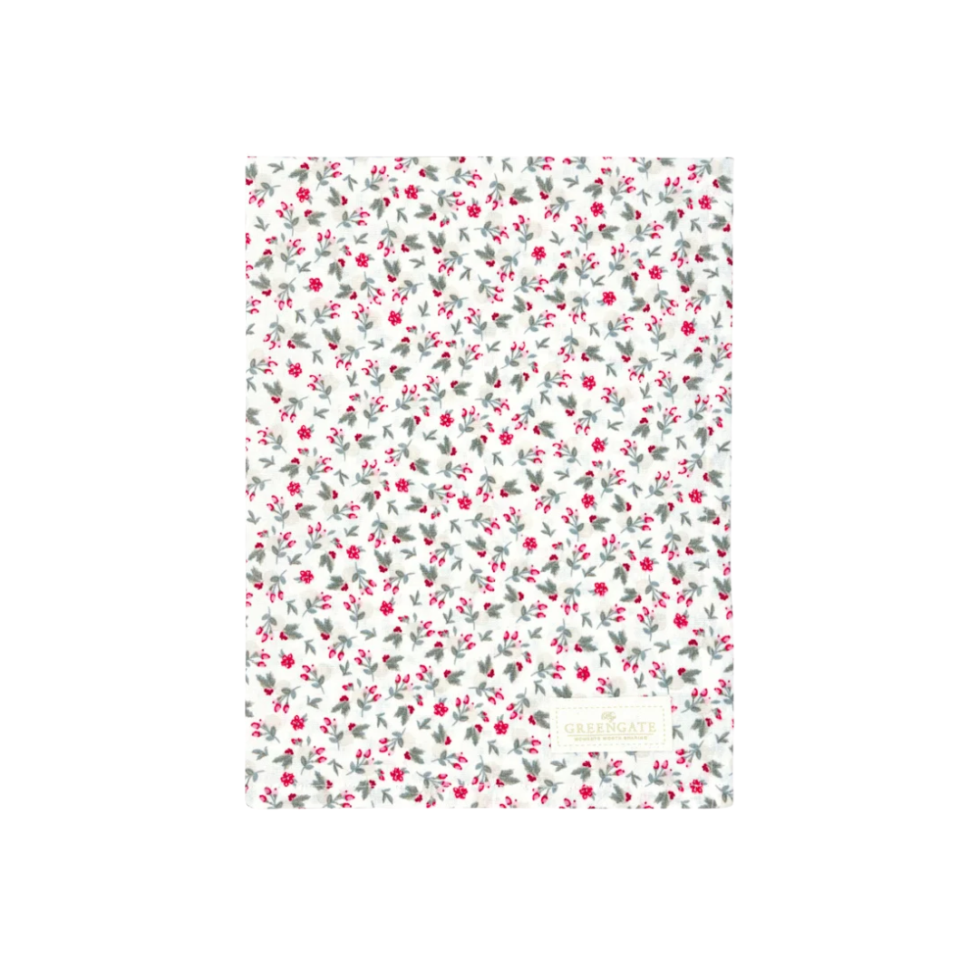 GreenGate Geschirrtuch Gale White aus Baumwolle mit kleinen roten Blüten und Beeren sowie grünen Blättern auf weißem Hintergrund.