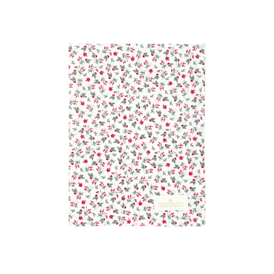 GreenGate Geschirrtuch Gale White aus Baumwolle mit kleinen roten Blüten und Beeren sowie grünen Blättern auf weißem Hintergrund.