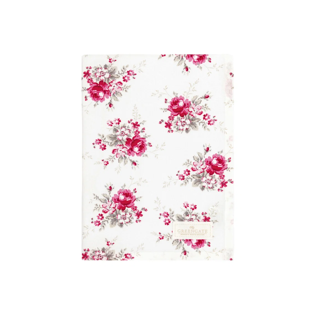 GreenGate Geschirrtuch Marie Red aus Baumwolle mit roten, pinken und rosafarbenen Rosen und Blüten auf weißem Hintergrund.