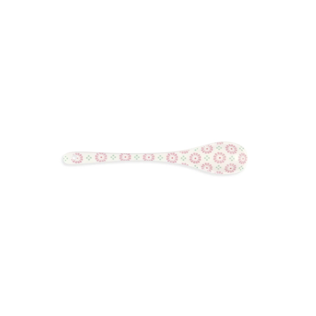 GreenGate Löffel Narina Pale Pink aus hellem Steingut mit rosa Blüten und kleinen mintgrünen Details.