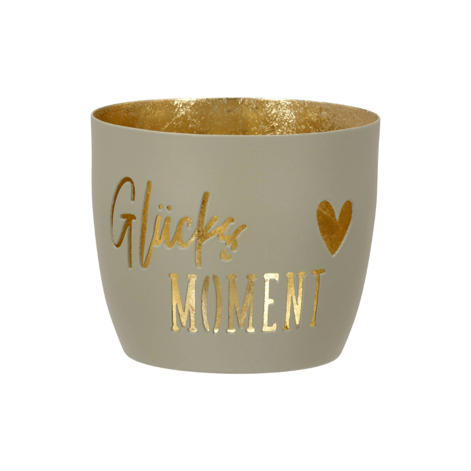 Windlicht Glücksmoment aus Metall in Khaki, Grau oder Schwarz mit goldfarbener Innenseite, goldenem Schriftzug und Herzmotiv.