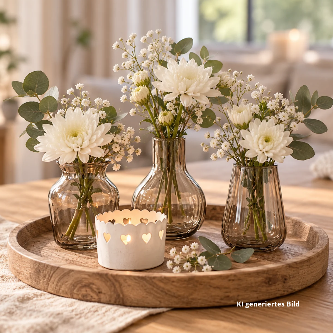 Drei kleine Glasvasen Alba in transparenter Braun-Nuance in den Formen Urne, Rund und Oval, aus zartem Glas für Blumen auf einem Holztablett.