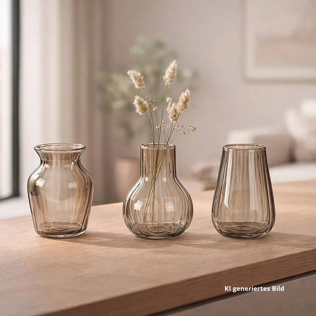 Drei kleine Glasvasen Alba in transparenter Braun-Nuance in den Formen Urne, Rund und Oval, aus zartem Glas für Blumen und Dekoration.