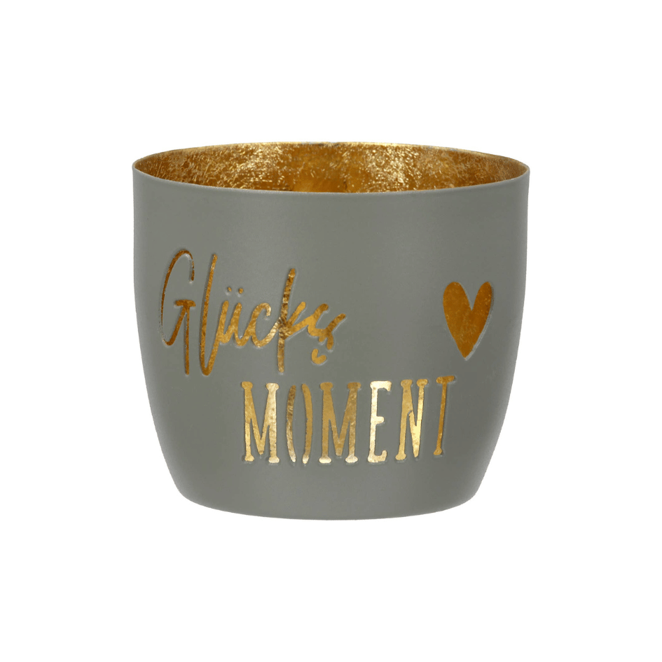 Windlicht Glücksmoment aus Metall in Khaki, Grau oder Schwarz mit goldfarbener Innenseite, goldenem Schriftzug und Herzmotiv.