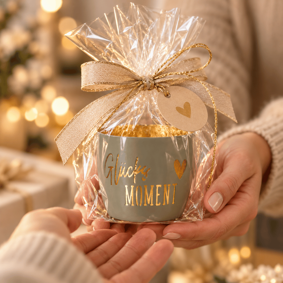 Windlicht Glücksmoment aus Metall mit goldenem Schriftzug und Herzmotiv als Geschenk welches überreicht wird.