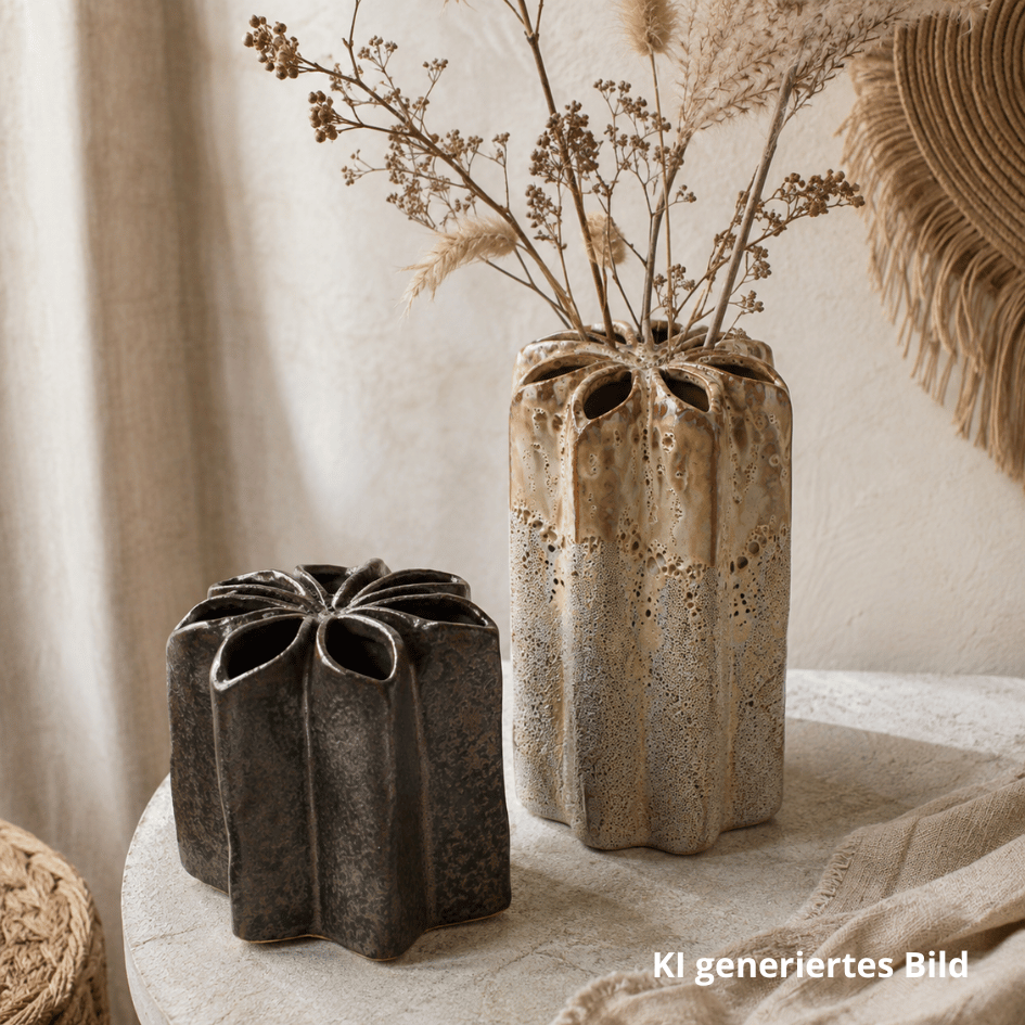Handgemachte braune Keramik Vasen mit Blütenform im Boho Stil, Naturstil
