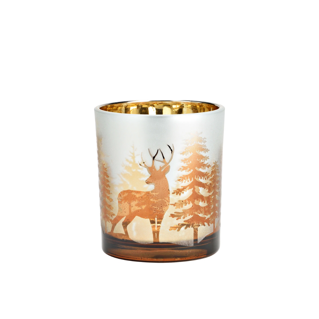 Windlicht aus Glas mit Hirsch und Waldmotiv in Silber und warmen Kupfertönen für die Herbst- und Winterdekoration.