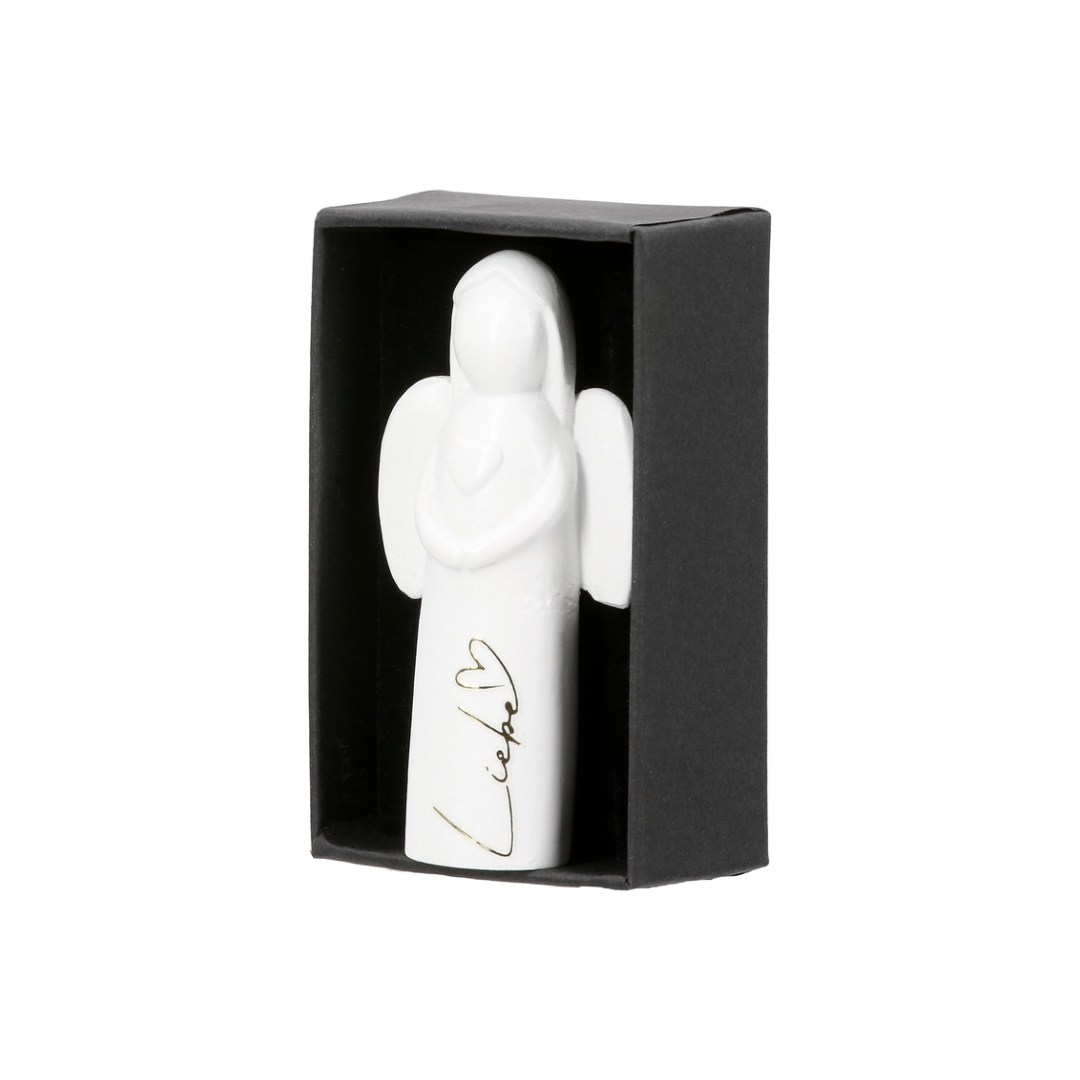 Weiße Engel Figur Imriel aus Kunstharz mit goldfarbenen Akzenten, Herzmotiv und Botschaft „Liebe“ oder „Glück“, in schwarzer Geschenkverpackung.