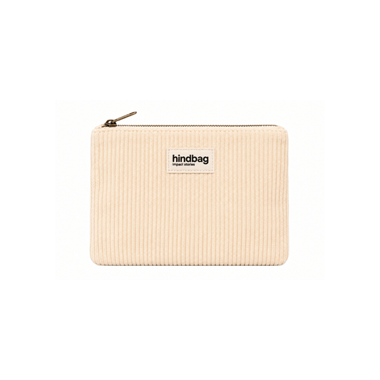 HINDBAG Reißverschlusstasche Lou in Beige aus weichem Cord mit Reißverschluss und gemustertem Innenfutter, ca. 20 x 16 cm.