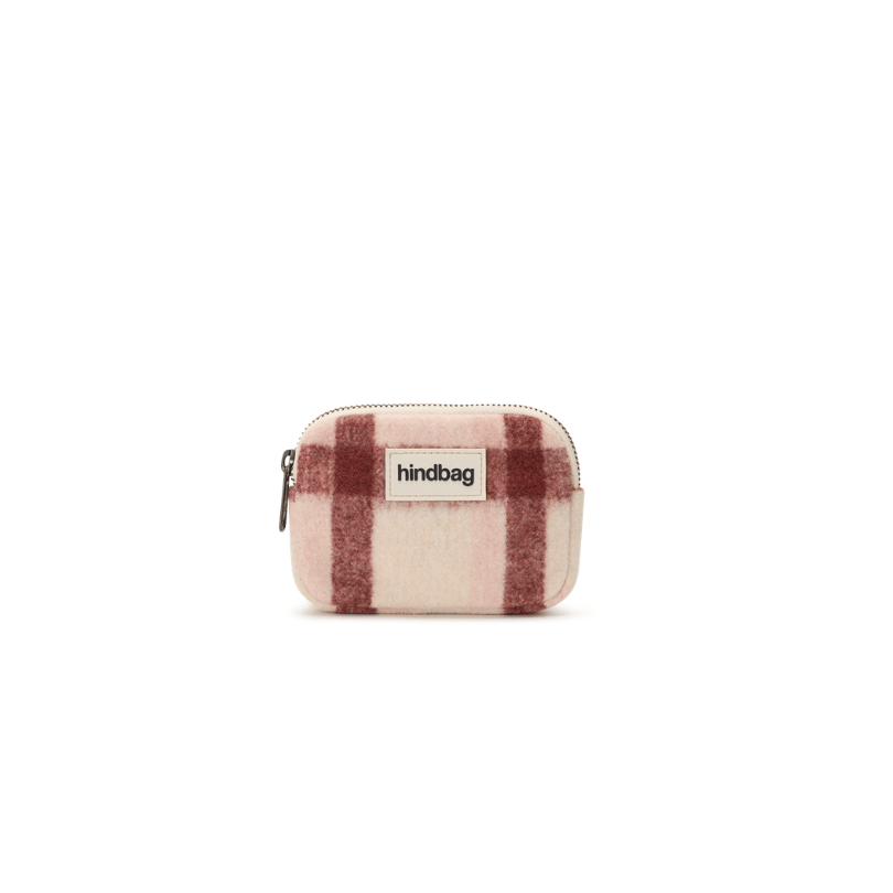 HINDBAG Lili Geldbörse Rosa Tartan mit großem Karomuster in Rosa, Creme und Braun sowie Reißverschluss, ca. 13 x 9 cm.