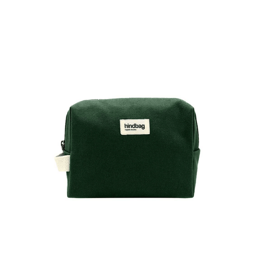 HINDBAG Kulturtasche Léon in Dunkelgrün mit praktischem Griff und gemustertem Innenfutter aus Bio-Baumwolle.