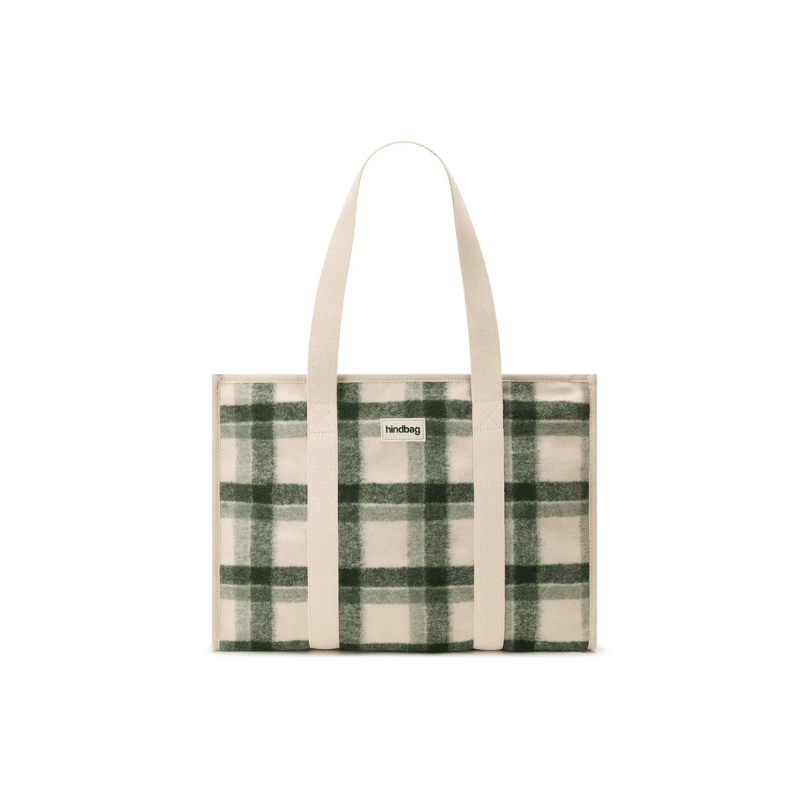HINDBAG Shopper Oscar Tartan Grün mit creme-grünem Karomuster, langen Schulterhenkeln und rechteckiger großer Form.