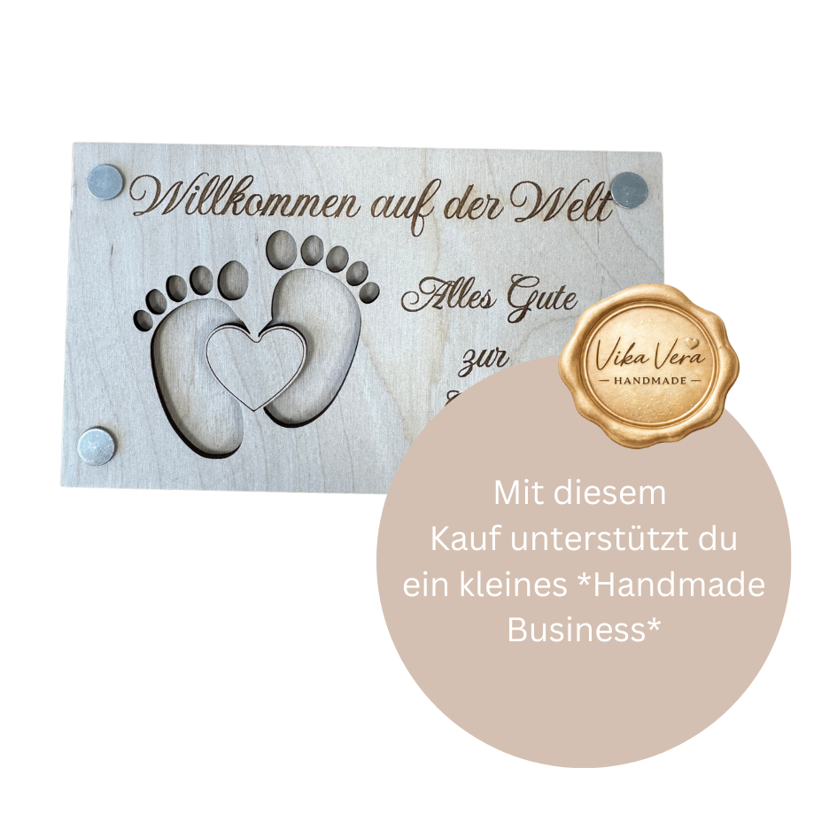 Wunscherfüller Geldgeschenk Holz - Willkommen - zur Geburt
