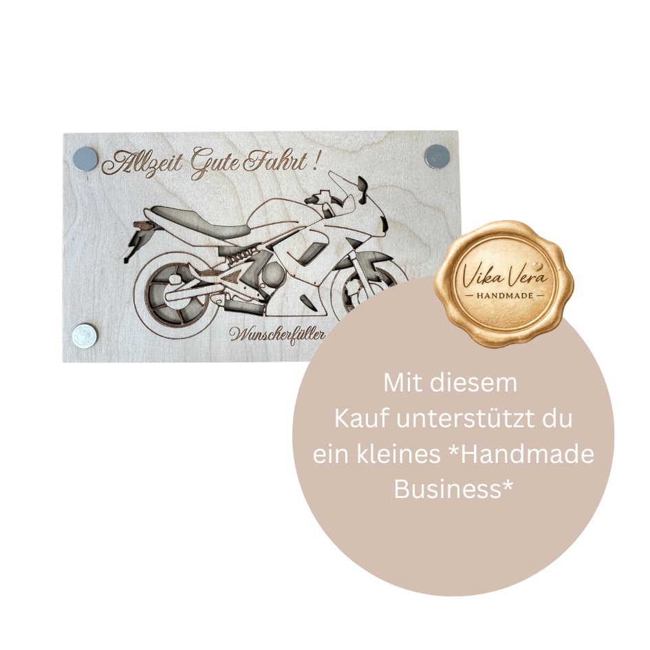 Wunscherfüller Geldgeschenk Holz - Gute Fahrt Motorrad