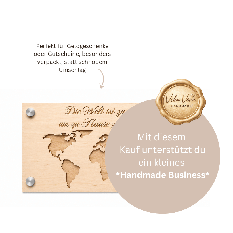 Wunscherfüller Geldgeschenk Holz - Weltkarte
