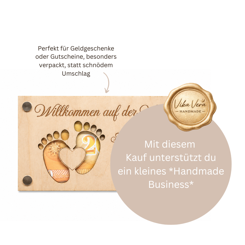 Wunscherfüller Geldgeschenk Holz - Willkommen - zur Geburt