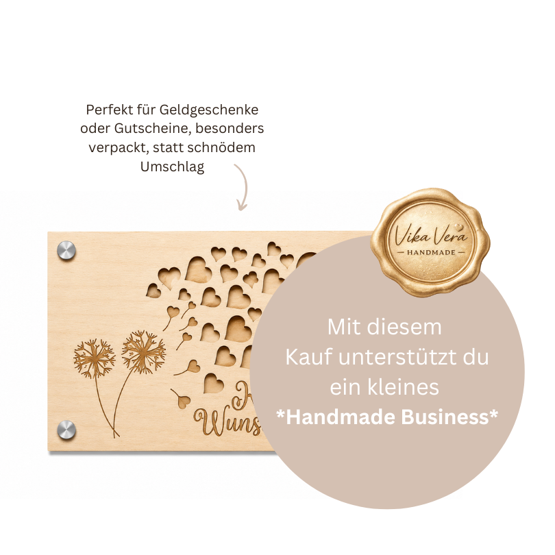 Wunscherfüller Geldgeschenk Holz - Herzen Pusteblume