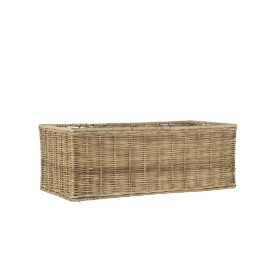Rechteckiger länglicher Rattan Korb in Natur mit geflochtener Oberfläche, ca. 45 × 21 × 16 cm, als Aufbewahrungs- und Dekokorb.