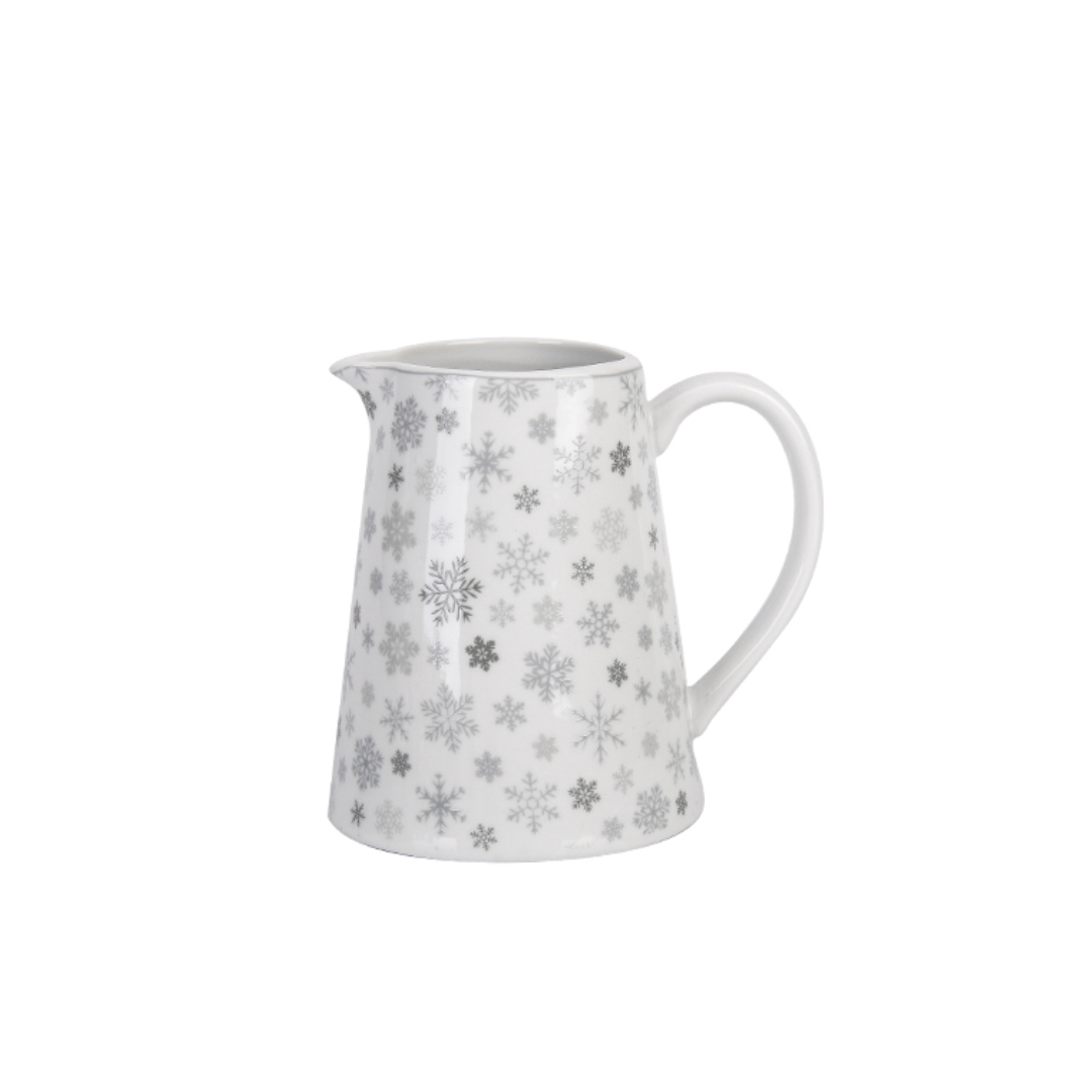 Weißes Krasilnikoff Milchkännchen Snowflakes aus Porzellan mit grauen Schneeflocken, Henkel und Ausguss, ca. 220 ml.