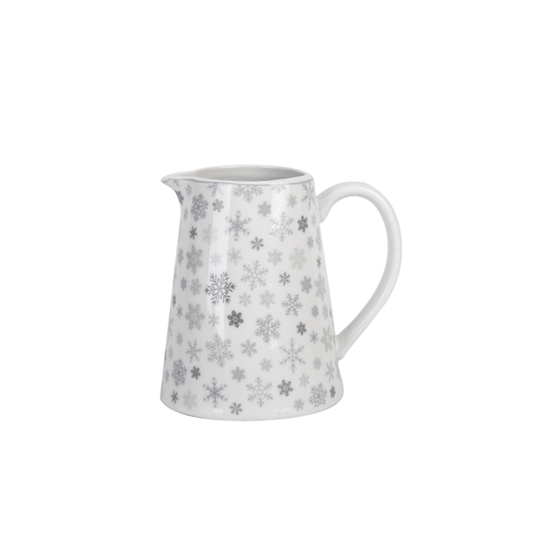 Weißes Krasilnikoff Milchkännchen Snowflakes aus Porzellan mit grauen Schneeflocken, Henkel und Ausguss, ca. 220 ml.