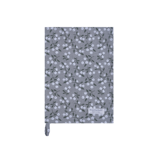 Krasilnikoff Geschirrtuch Snowberry Grey mit weißen Beeren und dunkleren Zweigen auf grauem Hintergrund, ca. 50 x 70 cm.
