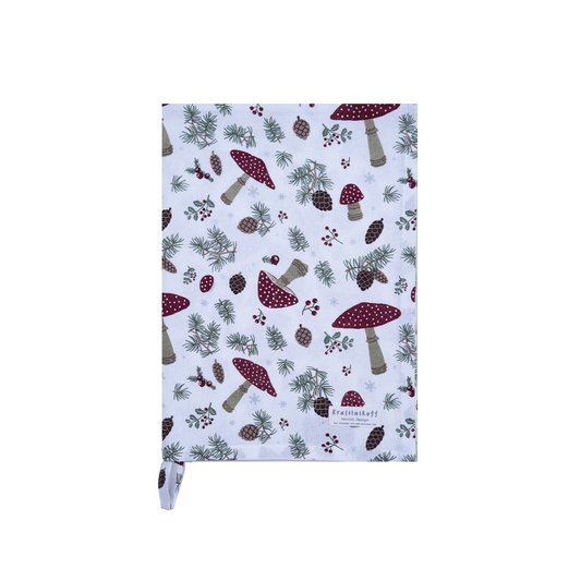 Krasilnikoff Geschirrtuch Spruce and Mushrooms mit roten Pilzen, grünen Tannenzweigen, Zapfen und Beeren auf hellem Grund, ca. 50 x 70 cm.