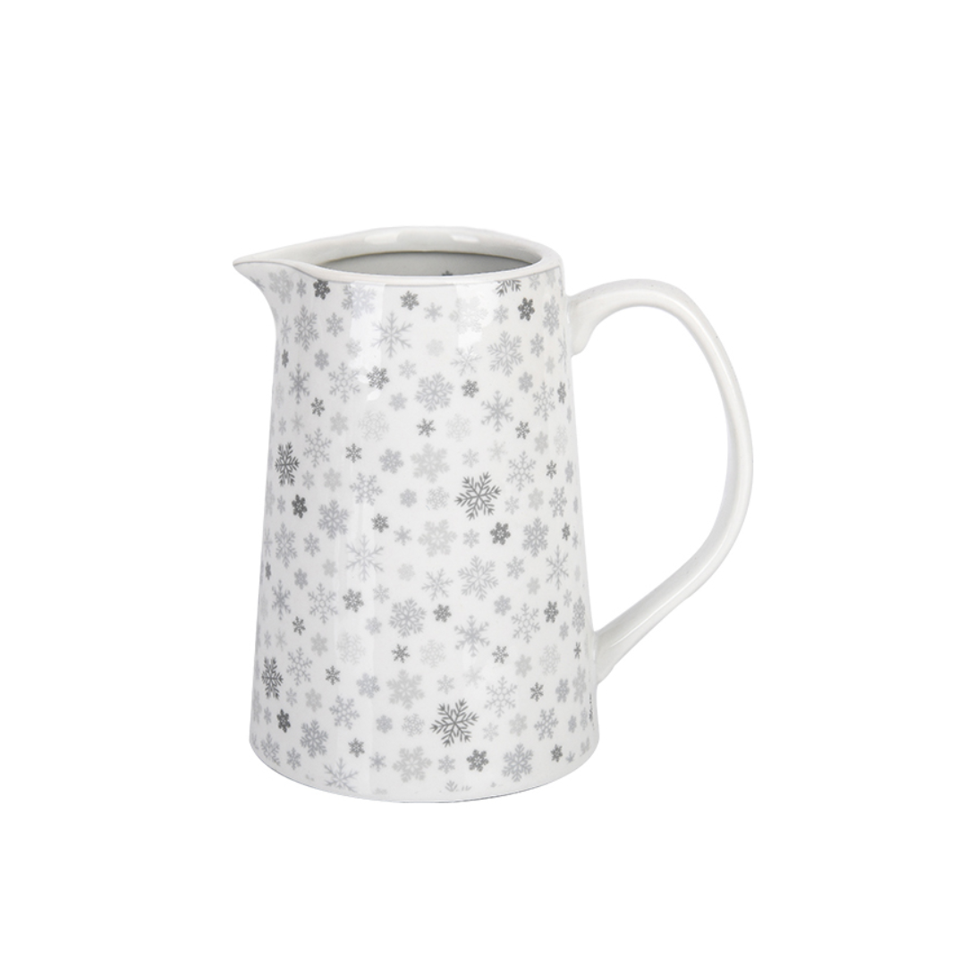 Weißer Krasilnikoff Porzellankrug Snowflakes mit grauen Schneeflocken, Henkel und Ausguss, ca. 15 cm hoch und 800 ml Fassungsvermögen