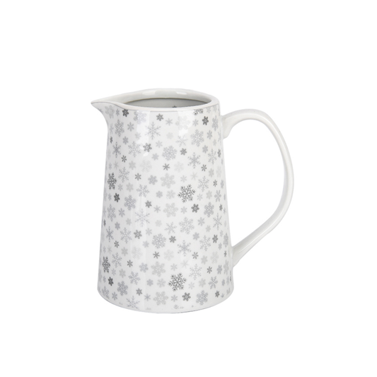 Weißer Krasilnikoff Porzellankrug Snowflakes mit grauen Schneeflocken, Henkel und Ausguss, ca. 15 cm hoch und 800 ml Fassungsvermögen