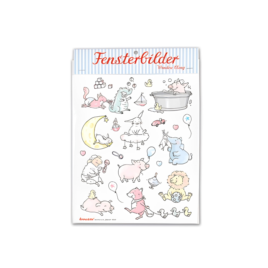 krima & isa Fensterbilder Babytiere mit Schwein, Hase, Elefant, Löwe, Enten und weiteren Tiermotiven in Pastellfarben