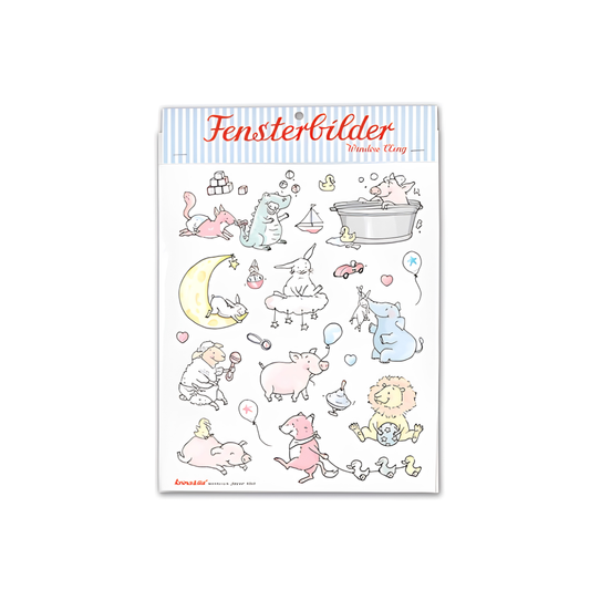 krima & isa Fensterbilder Babytiere mit Schwein, Hase, Elefant, Löwe, Enten und weiteren Tiermotiven in Pastellfarben