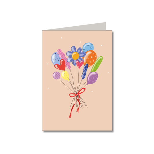 Bunte Klappkarte mit Luftballons, Herzen und Blume von Keitcards mit braunem Naturpapier-Umschlag