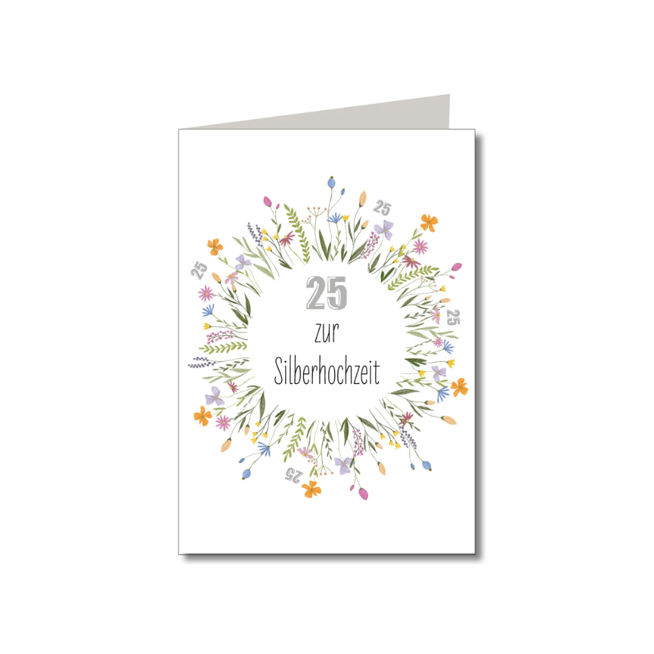 Doppelkarte zur Silberhochzeit mit floralem Kranz, Zahl 25 und Naturpapier-Umschlag von Keitcards