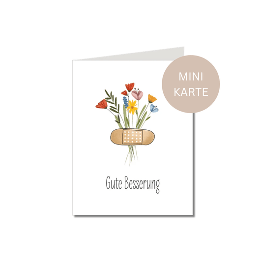 Mini Klappkarte „Gute Besserung“ von Keitcards mit buntem Blumenstrauß und Pflaster auf weißem Hintergrund.