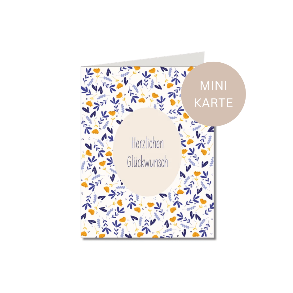 Mini Klappkarte „Herzlichen Glückwunsch“ von Keitcards mit floralem Muster in Blau und Gelb inklusive Naturpapier-Umschlag.