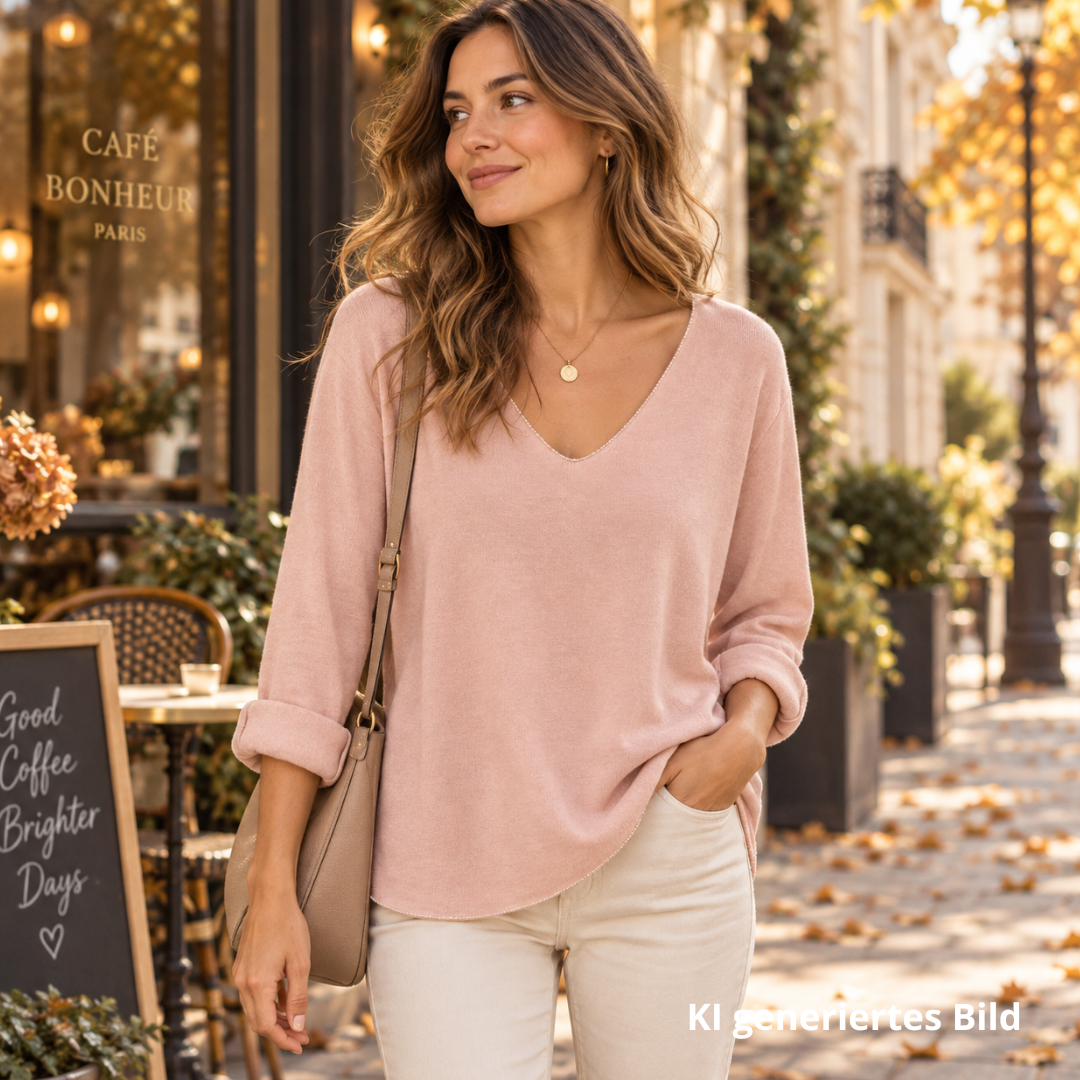 Rosa Damen-Langarmshirt aus Angora, Wolle und Viskose mit V-Ausschnitt und leicht schimmernden Lurex-Details an Ausschnitt und Saum.