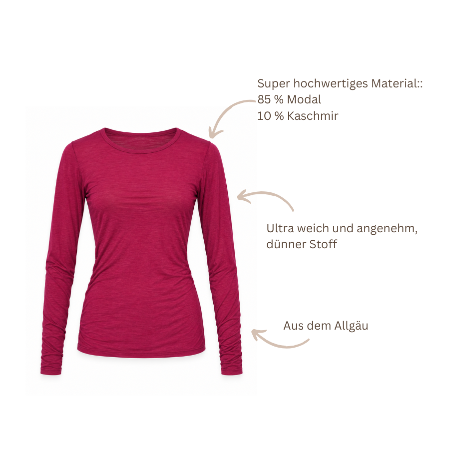 Weinrotes Damen-Langarmshirt von Sarah + Sally aus Modal und Kaschmir, besonders dünn und weich als Unterziehshirt für Layering-Looks.