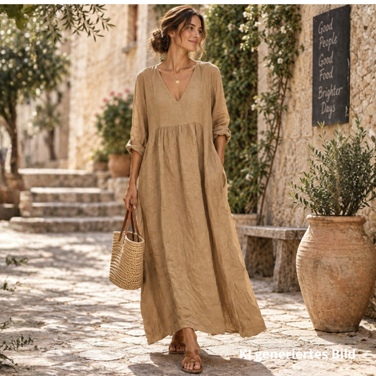 Langes beiges Damen-Leinenkleid aus 100 % Leinen mit V-Ausschnitt, langen Ärmeln und Seitentaschen, locker 