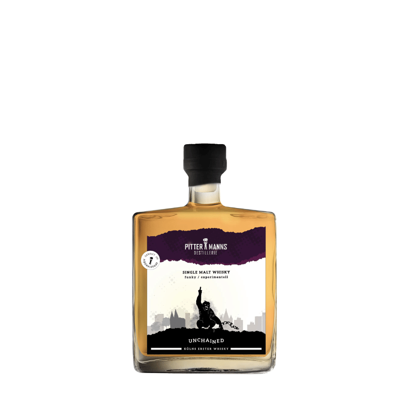 Unchained Funky Smoked Coffee Single Malt Whisky aus Köln mit 46,5 % vol., 2022 destilliert und 2025 abgefüllt, experimentell gereift mit geräuchertem Kaffee.