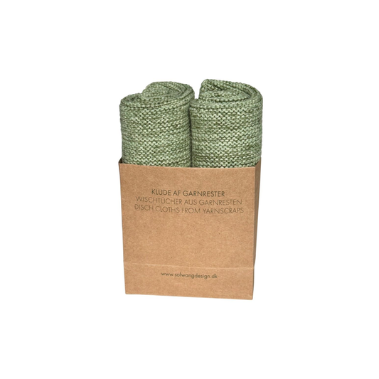 2er-Set gestrickte Solwang Design Wischtücher in meliertem Matcha-Grün aus OEKO-TEX®-zertifizierter Baumwolle, verpackt in Papiertüte.