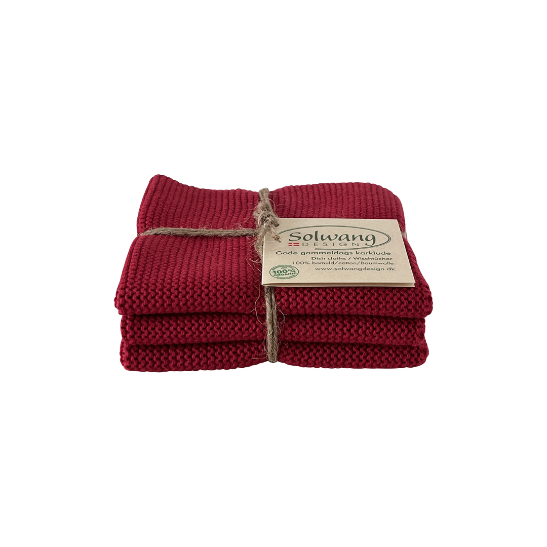 3er-Set gestrickte Wischtücher in kräftigem Tiefrot aus 100 % BIO Baumwolle, mit Schnur und Etikett gebunden.