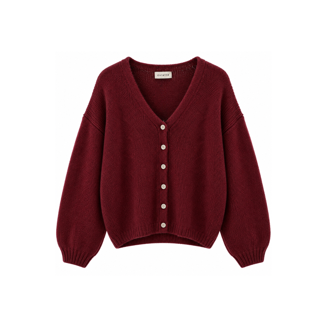 Bordeaux Strickjacke mit 30 % Mohair, zarten Perlmuttknöpfen und V-Ausschnitt. Vielseitiger Damen-Cardigan, ganzjährig tragbar & Made in Italy.