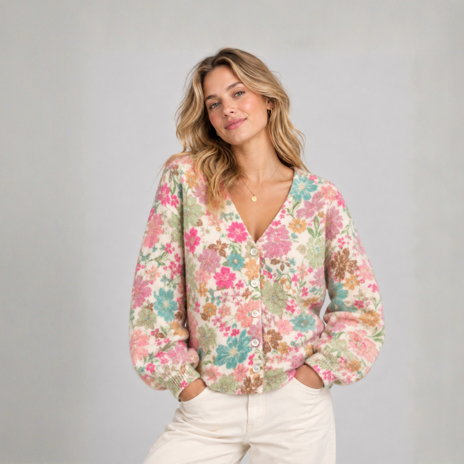 Bunte kurze Damen-Strickjacke an einem Modell, lässig mit Motiv „Blumenwiese“ von Sarah + Sally mit Alpaka, Ballonärmeln, V-Ausschnitt und Knopfleiste.