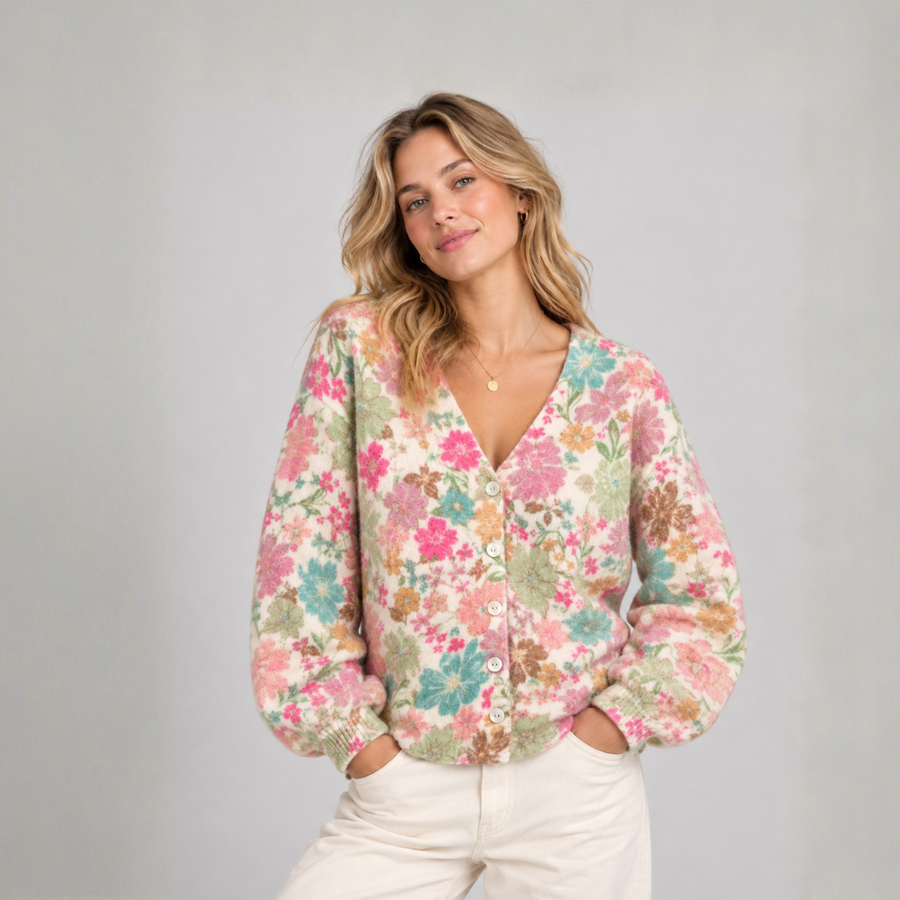 Bunte kurze Damen-Strickjacke an einem Modell, lässig mit Motiv „Blumenwiese“ von Sarah + Sally mit Alpaka, Ballonärmeln, V-Ausschnitt und Knopfleiste.