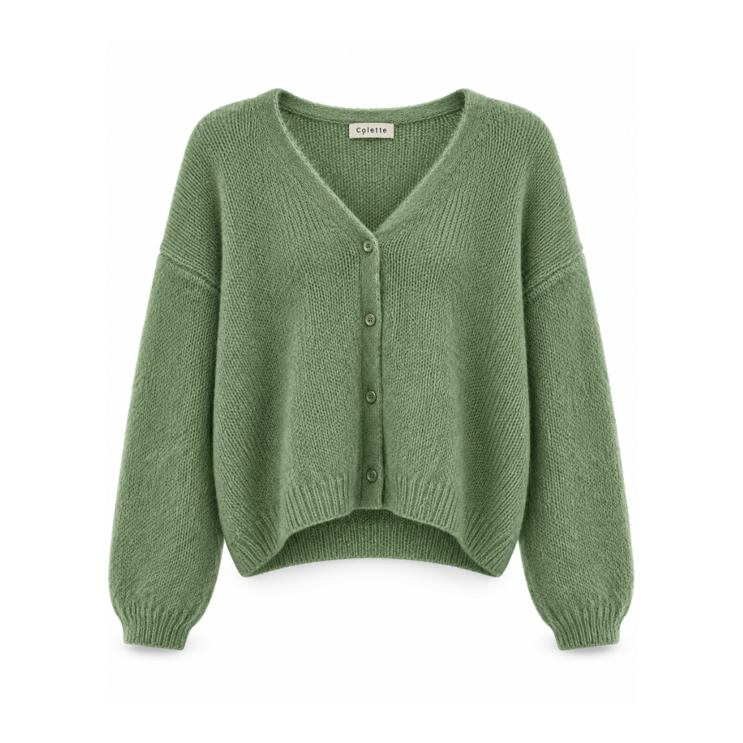 Hellgrüne Damen-Strickjacke mit Mohair, V-Ausschnitt, langen Ärmeln und zarten perlmuttfarbenen Knöpfen.