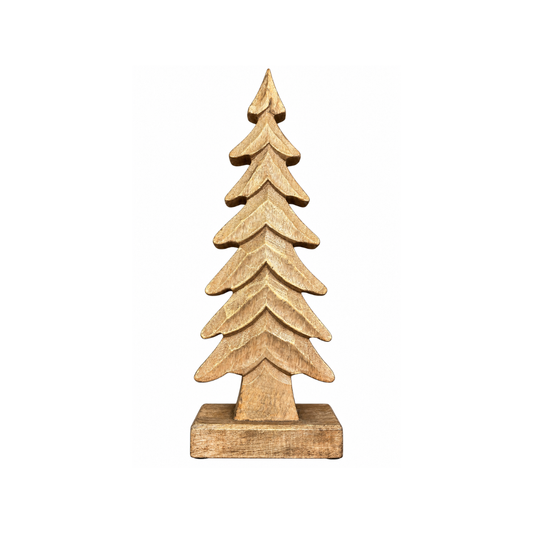 Deko Tannenbaum aus geschnitztem Holz in Natur mit Goldschimmer und Standfuß, 23 cm hoch, als natürliche Weihnachts- und Adventsdekoration.